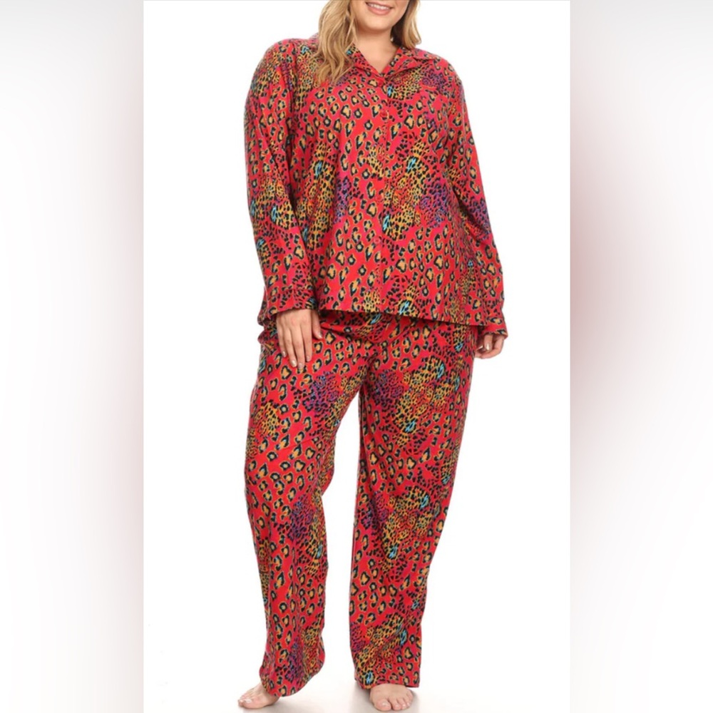 WHITE MARK PLUS SIZE Red Leopard Print Pajama Set